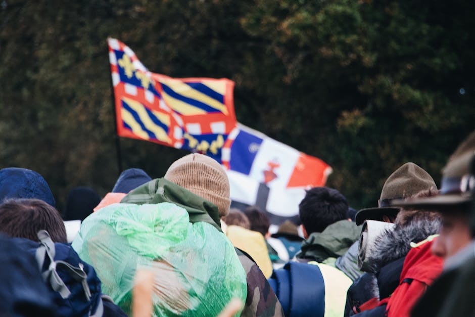 A group of backpackers outdoors carrying colorful flags, captured from behind.