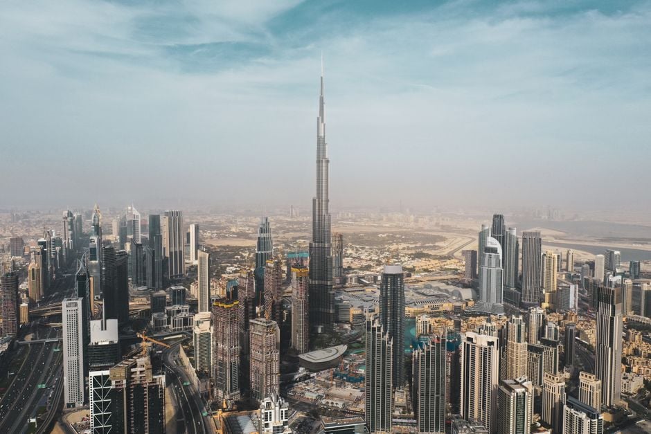 delivery drone over Dubai skyline Burj Khalifa drone