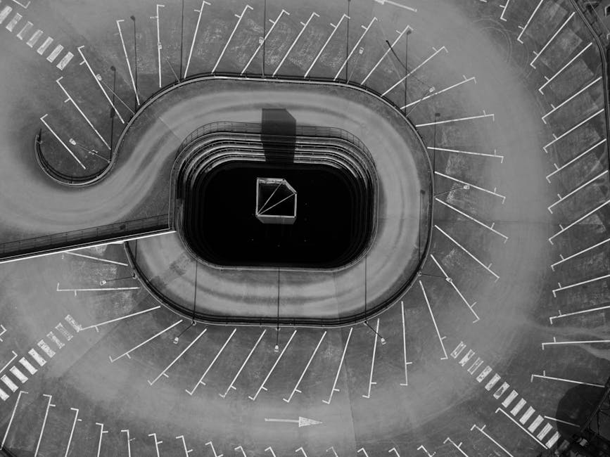 Monochrome aerial shot of a unique parking structure in Jönköping, Sweden.