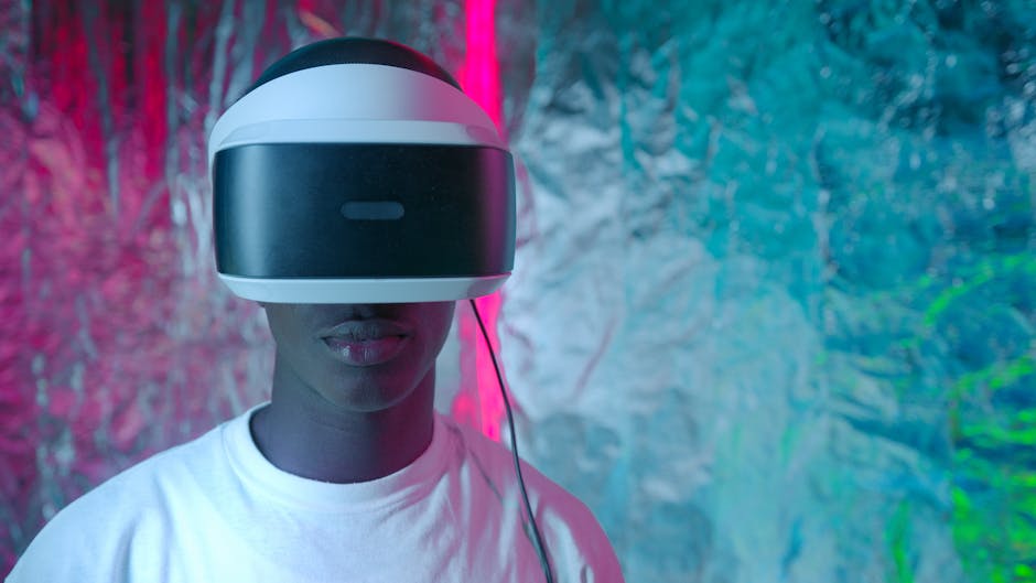 Teen enjoying virtual reality experience with vibrant neon lights.