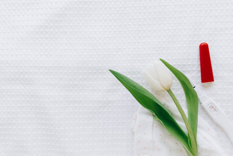 Flat lay of a positive pregnancy test next to a white tulip on a textured white background.