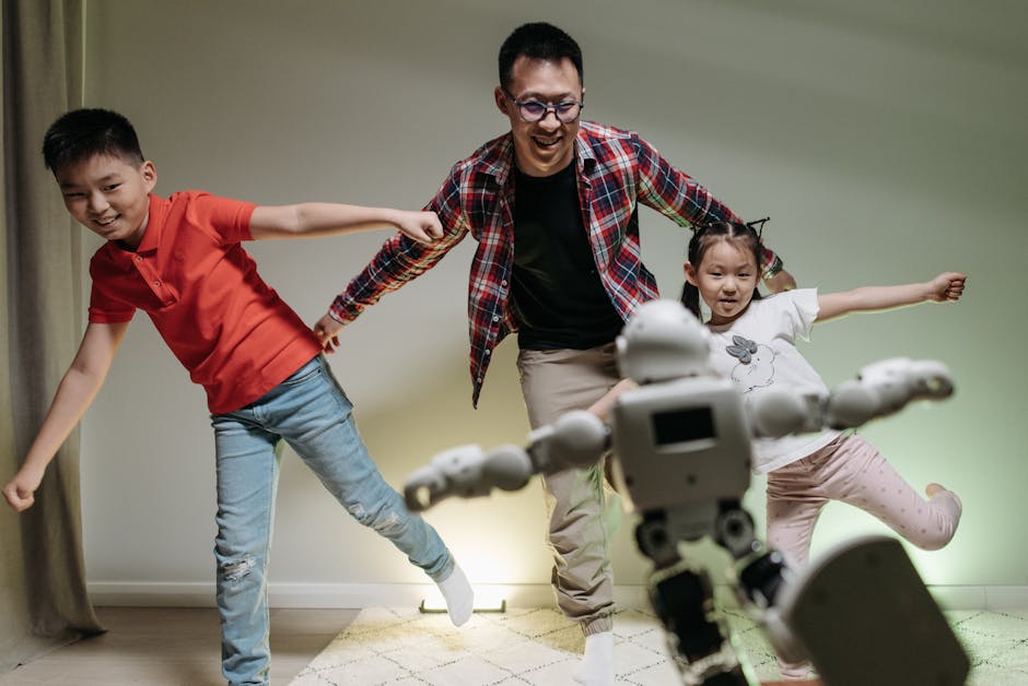 Asian family enjoying playtime with a dancing robot, showcasing joy and technology indoors.
