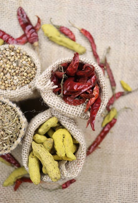 Top view of assorted spices including turmeric, red chilies, and coriander seeds in burlap sacks on a rustic fabric.