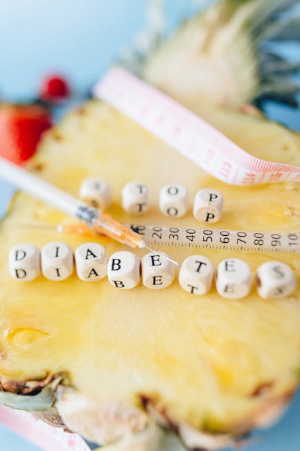 Pineapple slice with syringe and beads spelling 'Stop Diabetes'.