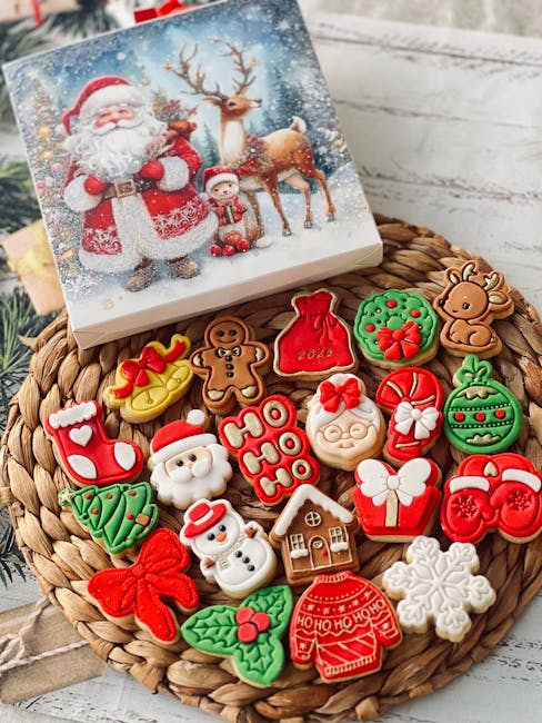 Brightly decorated Christmas cookies on a woven mat with Santa-themed gift box.