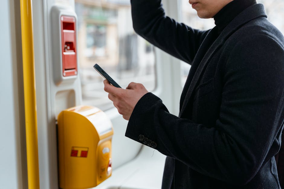 multimodal transport app on smartphone with bus train eVTOL icons modern city