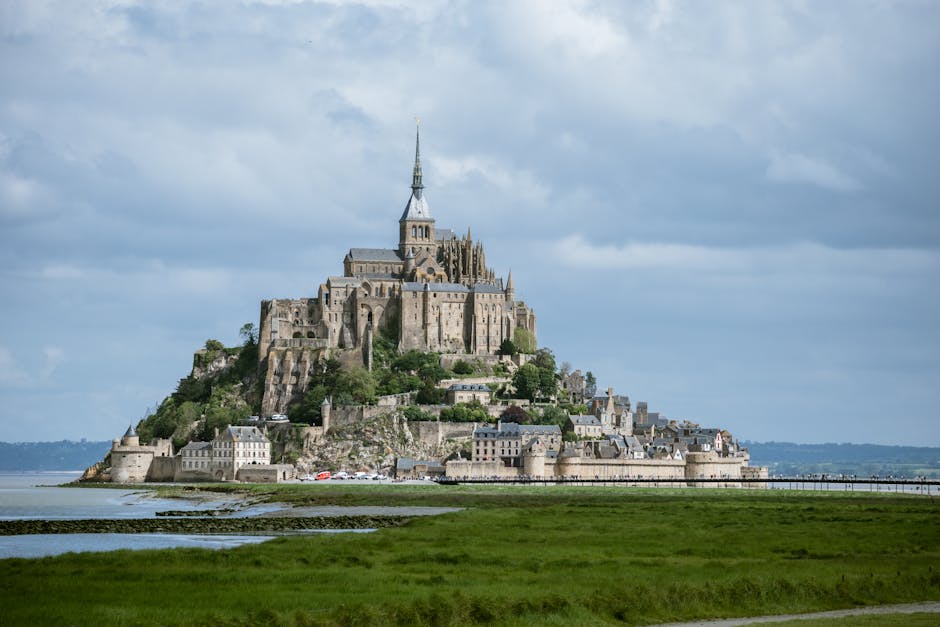 Spectacular view of Mont Saint-Michel, a historic landmark in Normandy, France, during summer.