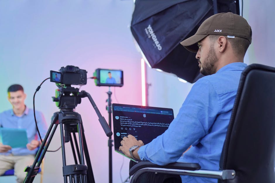 AI presenter creating microlearning video laptop studio