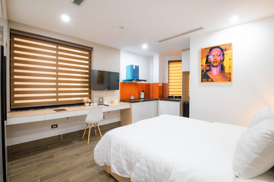 hotel coworking long stay guest laptop kitchenette modern room