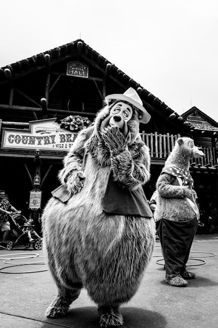 Dynamic black and white photo of carnival performers in country bear costumes, creating a lively atmosphere.