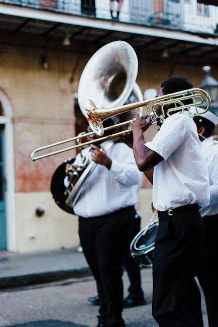 Lively street musicians playing brass instruments in New Orleans.