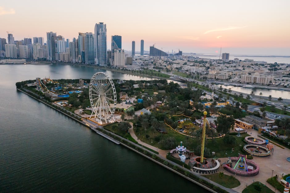 Yas Island theme parks aerial waterfront skyline Abu Dhabi Yas Island drone
