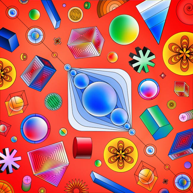 Vibrant abstract design featuring diverse geometric shapes on a red background.