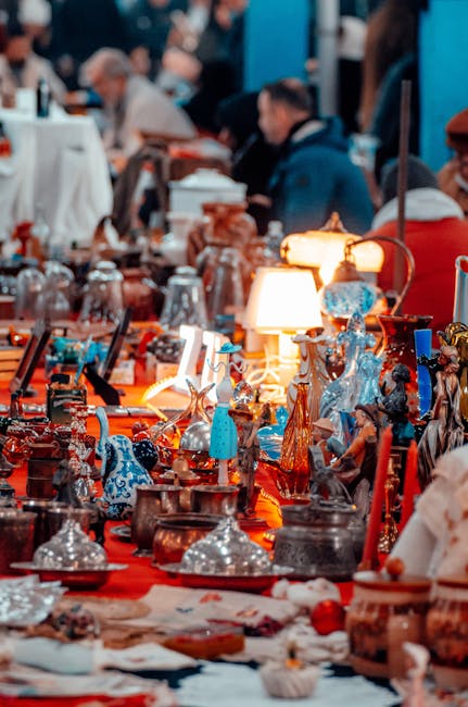 Colorful antique market scene in Istanbul with lamps and vintage items at night.