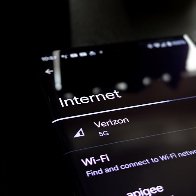 Close-up of a smartphone screen displaying internet connection details with Verizon 5G and Wi-Fi options.