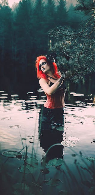 A red-haired woman in a corset standing in a mystical forest lake, exuding an ethereal and gothic vibe.