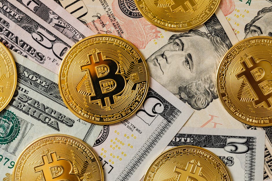 Golden bitcoins on a background of US dollar bills representing cryptocurrency and traditional money.