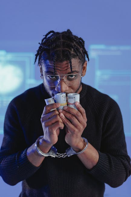 Handcuffed man holding cash, representing cyber crime and internet fraud.