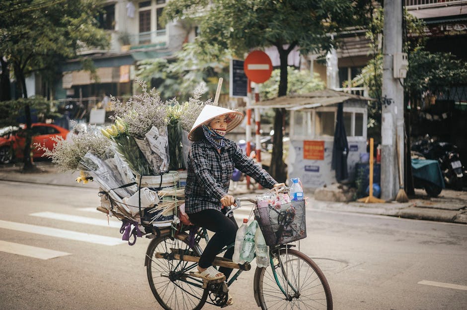 Woman transporting flowers on a bicycle in an urban setting, wearing a conical hat.