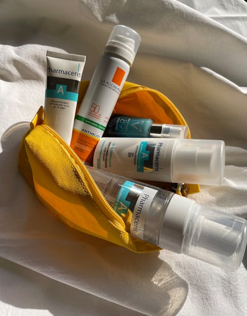 minimal travel skincare pouch flatlay solid cleanser sunscreen stick