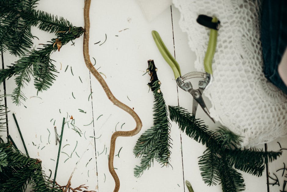 A creative flat lay of fir branches for Christmas decoration on a white wooden background.