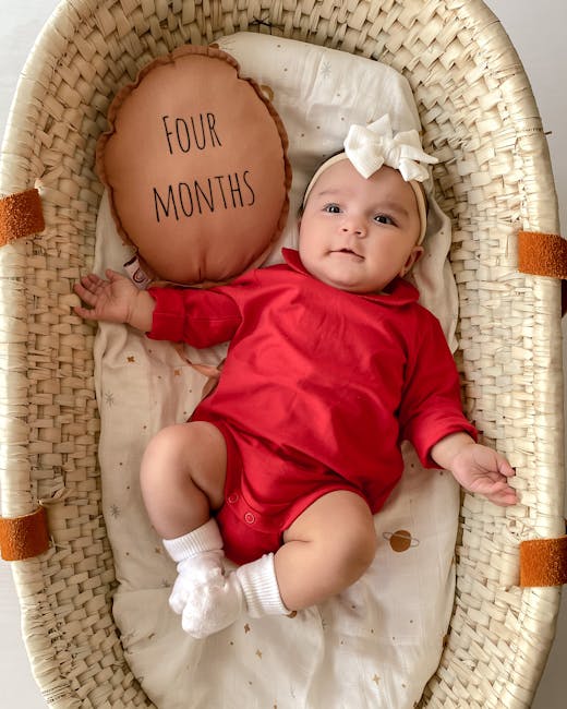 Cute baby in red outfit relaxing in a wicker bassinet with a 'Four Months' pillow.