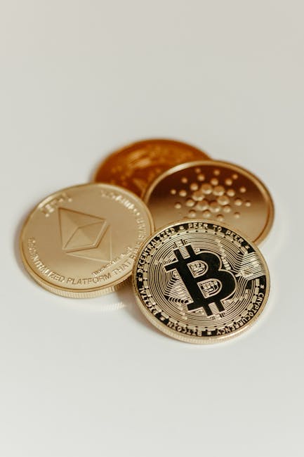 Elegant display of Bitcoin, Ethereum, and Cardano coins on a neutral background.