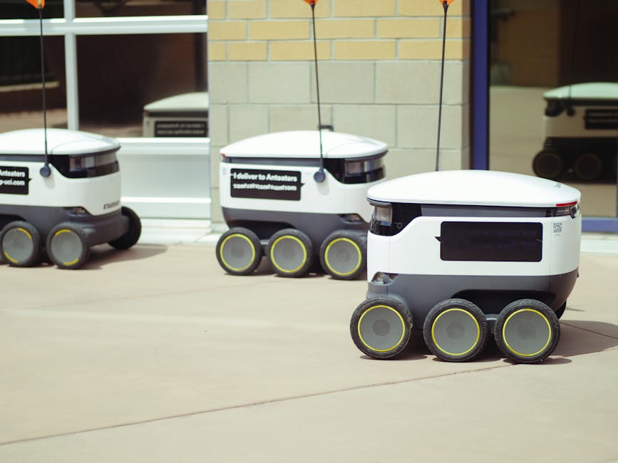 urban delivery robot and drone micro-hub street scene