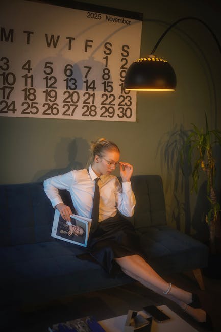 Contemplative woman sitting on a couch with a magazine, under warm lighting. Modern elegance meets quiet reflection.