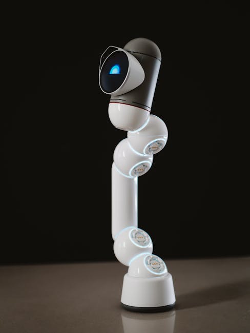A humanoid robot with a camera-like lens, showcasing modern technology and robotics design.
