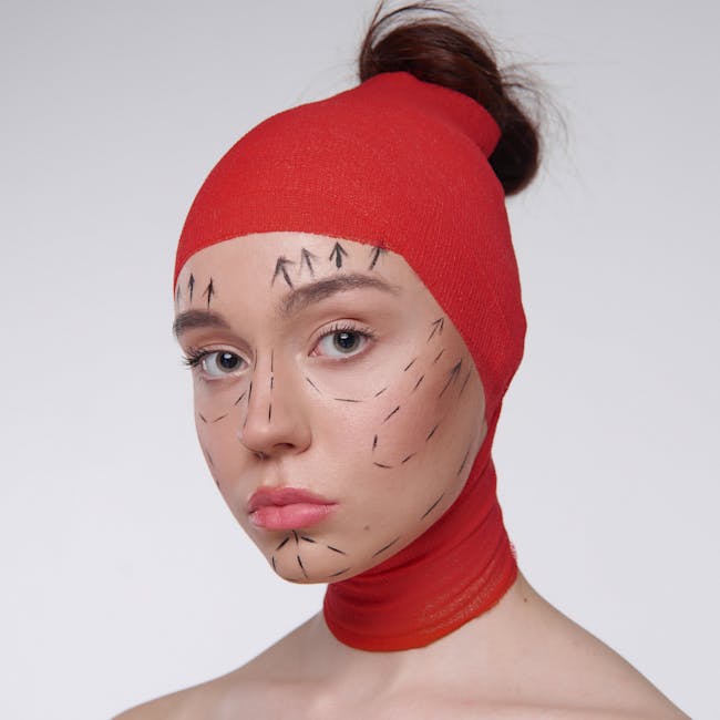 Portrait of a woman with surgery marks wearing a red head cover, symbolizing cosmetic surgery plans.