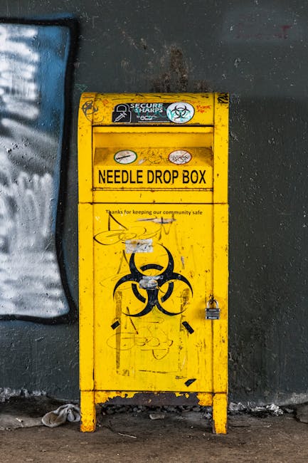 Close-up of a yellow needle drop box against a graffiti-covered wall in an urban setting.