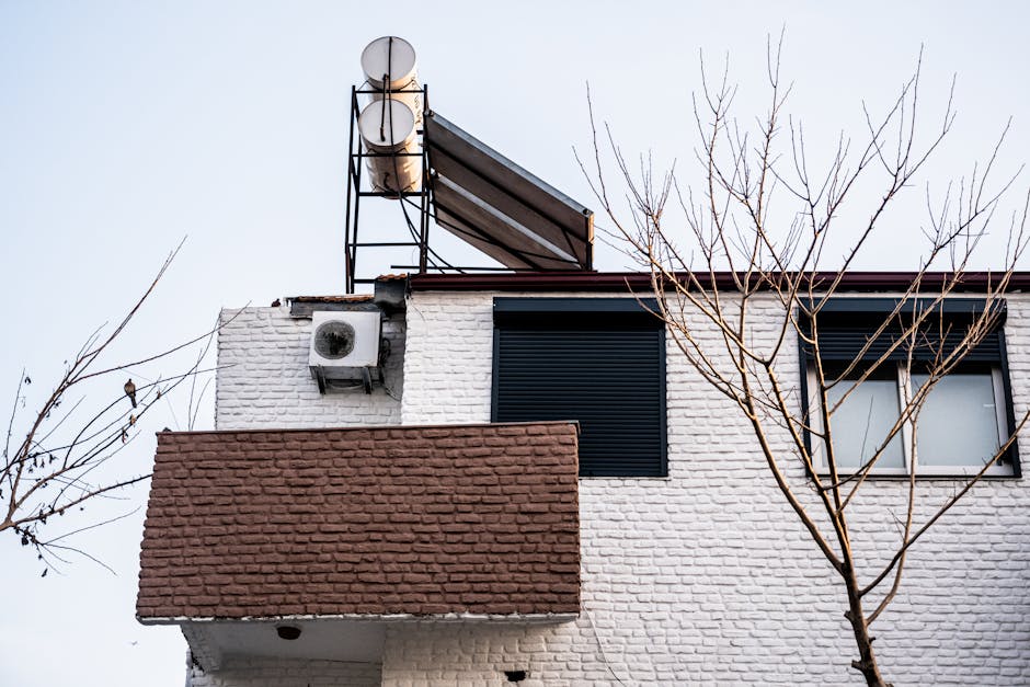 A minimalist building facade with air conditioner and bare winter trees, viewed from a low angle.