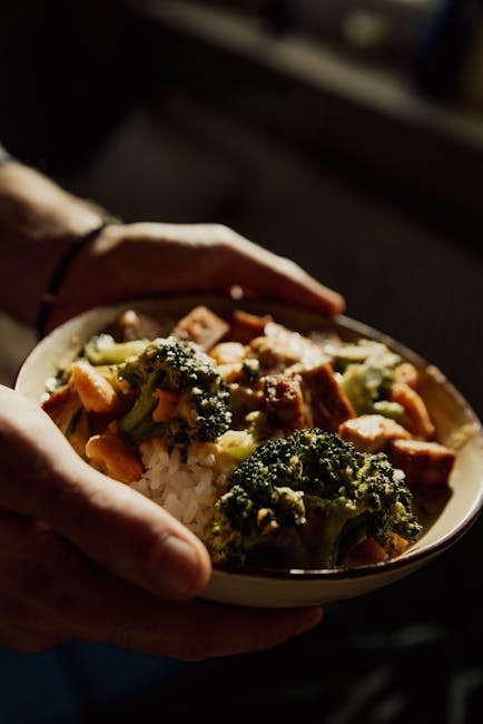 A close-up view of a bowl with rice, broccoli, and tofu held by hands in natural light.
