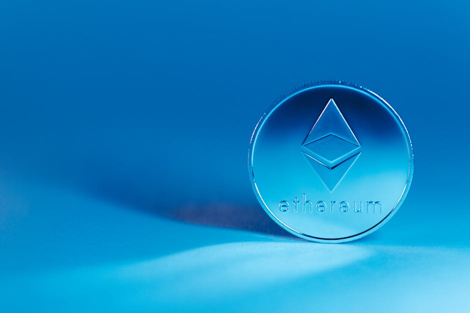 A minimalist image of an Ethereum coin on a blue background, highlighting modern finance.