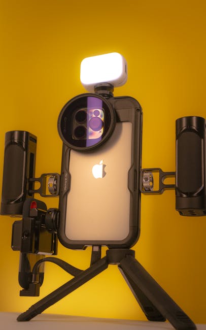 Studio shot of a mobile photography rig complete with lighting and accessories.