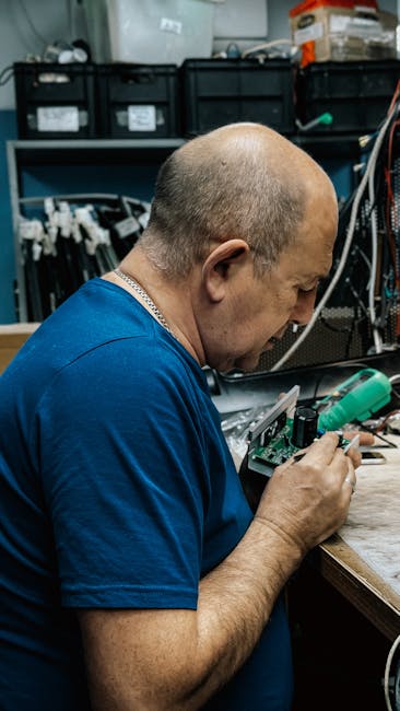 Skilled technician working meticulously on electronics in workshop. Tools and cables visible.