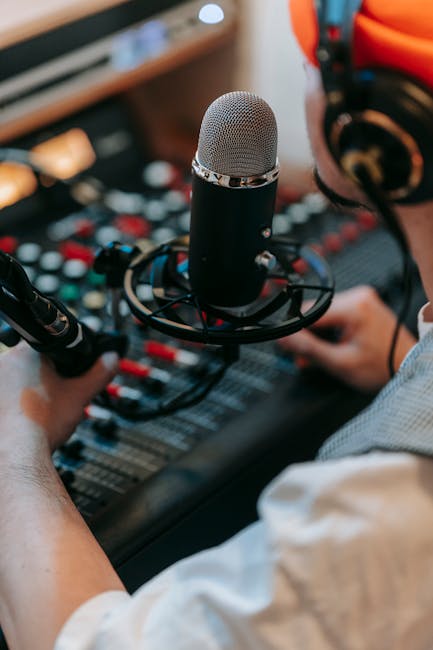 podcast multi host microphones mixing console stage setup