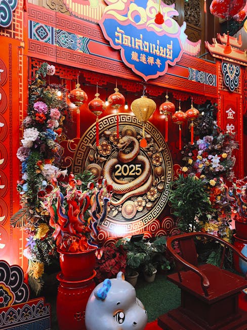 Colorful decor celebrating Lunar New Year 2025 with lanterns and floral arrangements.