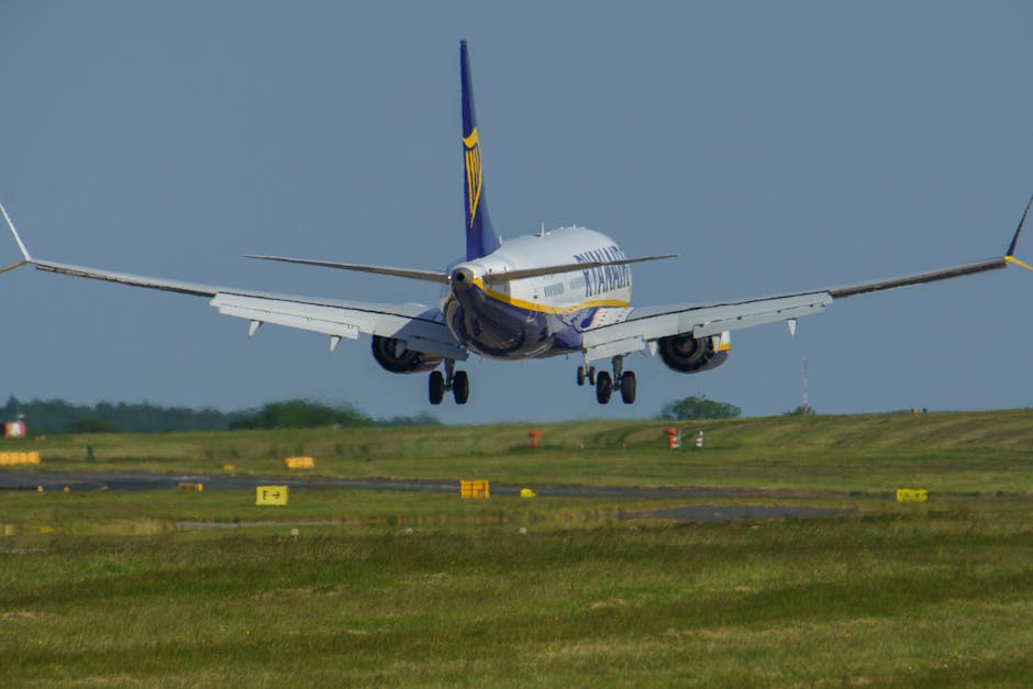 A commercial airplane lands smoothly on a clear runway, captured in an outdoor airport setting.