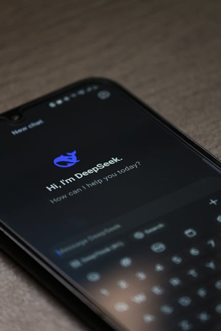 smartphone with AI assistant app, Arabic UI, modern desk, close-up