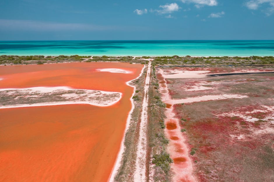 Stunning aerial shot of colorful salt flats leading to a turquoise sea under a clear blue sky.