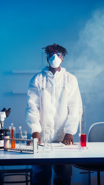 Scientist wearing protective gear working in a lab with test tubes and microscope.