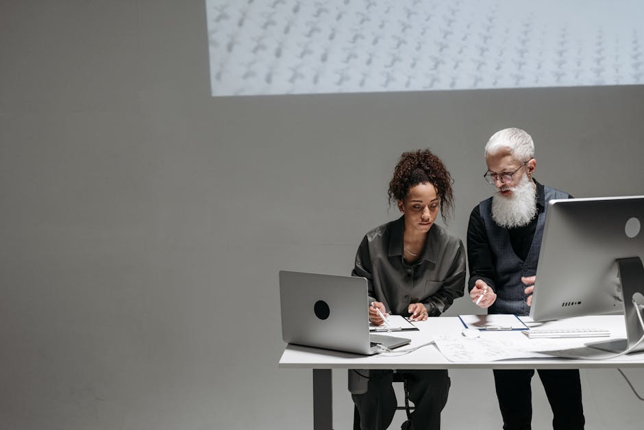 woman founder brainstorming with laptop generative AI interface
