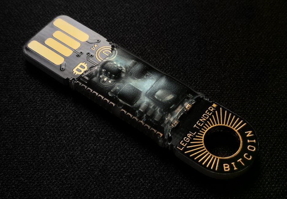 A detailed close-up of a Bitcoin-themed USB device on a black background.