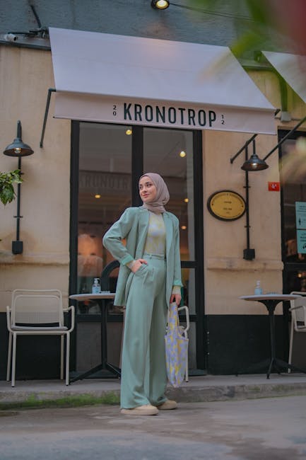 modern abaya pastel hijab city outfit