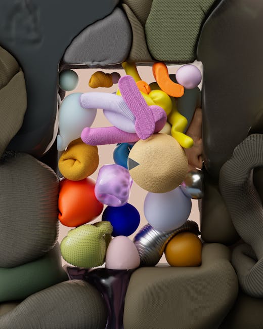 A vibrant 3D abstract artwork featuring diverse geometric shapes and textures in a confined space.