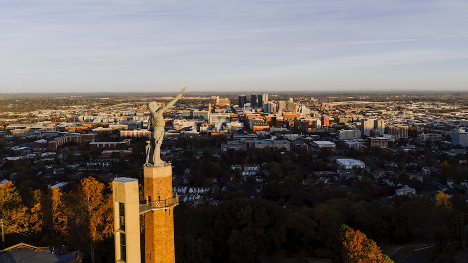 urban delivery drone over city skyline sunset