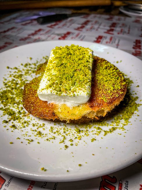 kunafa with pistachio and ice cream fusion dessert close-up