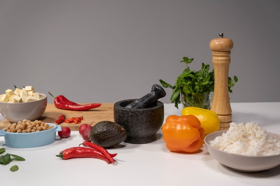 homemade falafel ingredients mortar pestle chickpeas